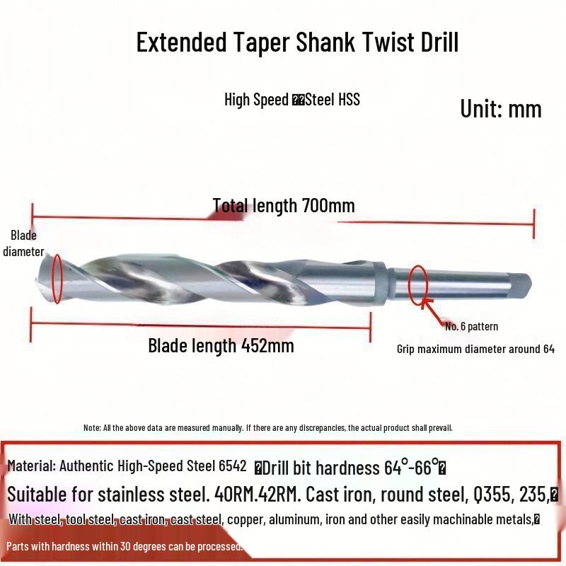 6542 Stainless Steel Super Hard Extra Long Taper Shank Twist Drill Bit for Deep Hole Lathe, 76-82*800