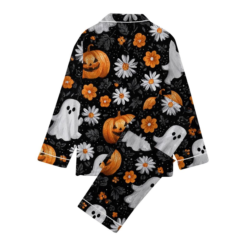 2-teiliger bedruckter Damen-Anzug, langärmelig, Oberteil mit Knopfleiste, weite Hosen, Anzug-Set, Schlafanzug, Home-Casual-Anzug