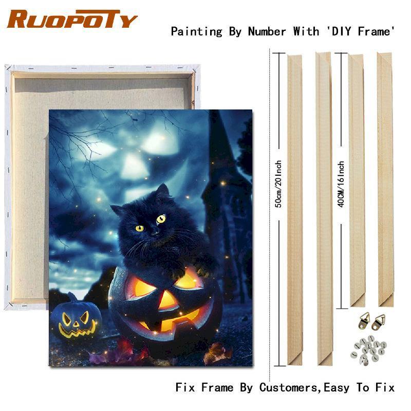 RUOPOTY Painting By Number Cat Animals DIY Frame Acrylic Handpainted Drawing On Canvas Autumn Pumpkin Gift Home Decoration