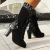 Comemore Leopard High-heeled Mid-calf Boots for Women Autumn Retro Suede Lace-up Round Toe Shoes Casual Bota Feminina