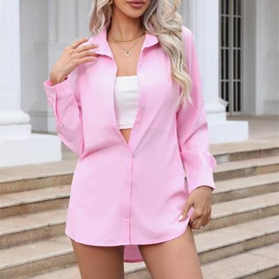 Women's Fashion Casual Spring Fall Solid Color Print Long Sleeve POLO-Neck Blouses & Shirts
