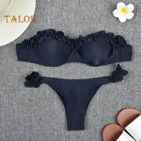 2 pièces/ensemble femmes été Bikini ensemble Bandeau à volants garniture soutien-gorge mi-hauteur slips ensemble Push Up maillot de bain fendu conception maillot de bain