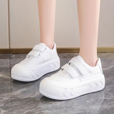 Vrijetijdssneakers voor Dames PU Klittenband Platte Platform Hoge Hakken Ronde Neus Damesschoenen Effen Leer Gevulkaniseerde Schoenen Plus Maat