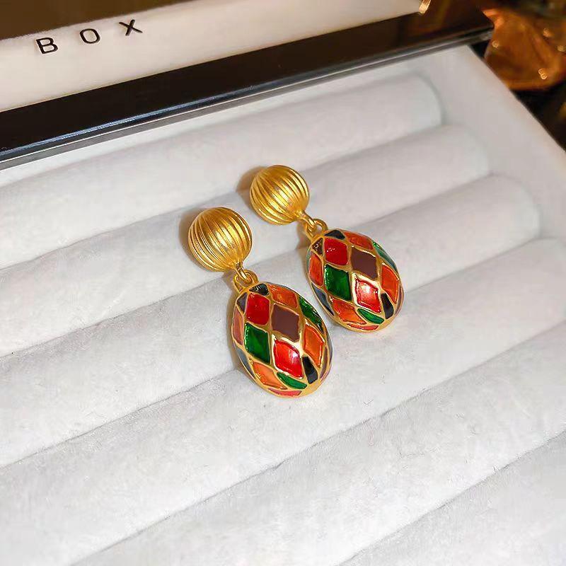 Pinkdudu Vintage Silver Needle Oval Enamel Colored Glazed Drop Earrings Luxurious Classical Court Style Dangle earrings for Women PD2136