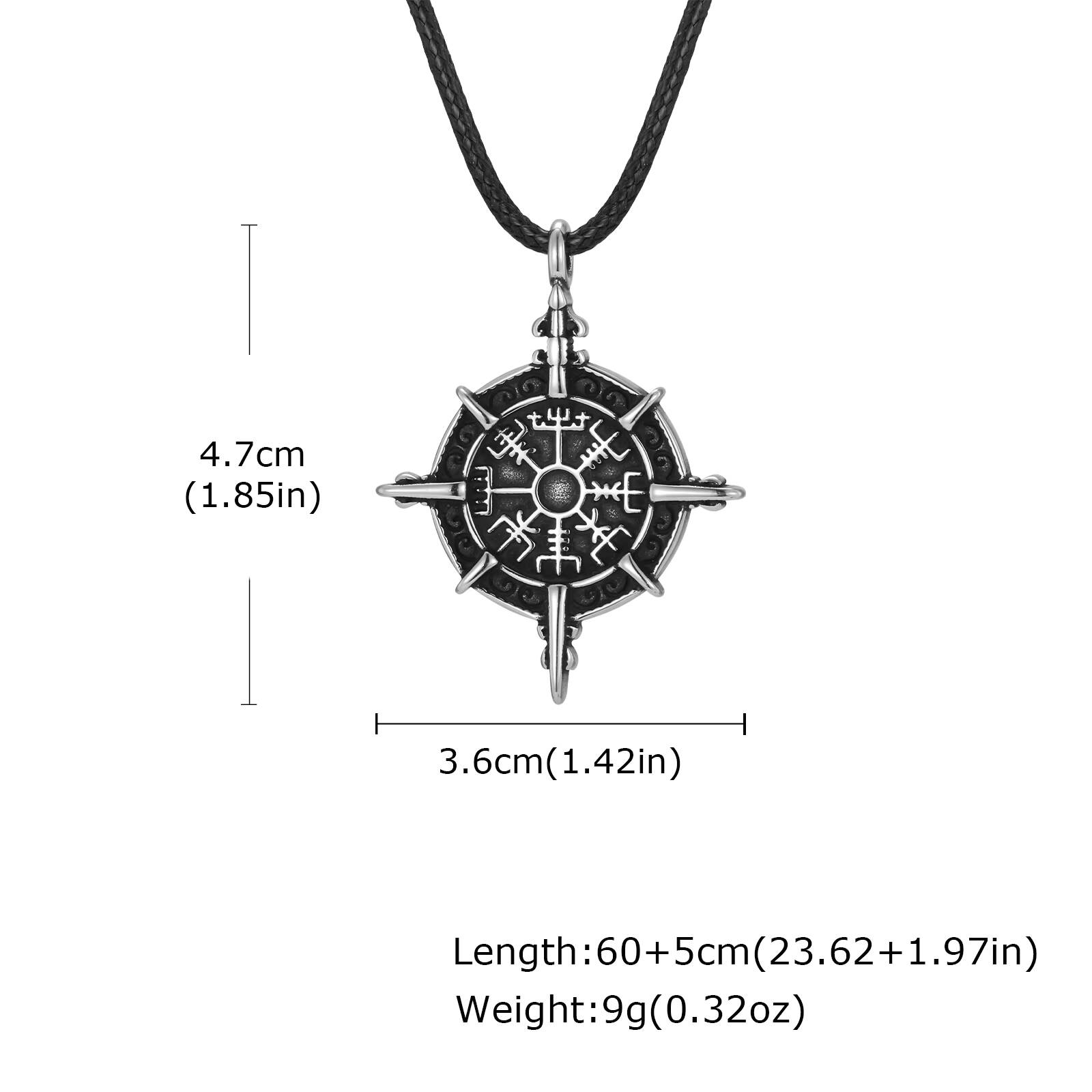 Vnox Viking Necklace for Men, Black Rope Stainless Steel Runic Compass Vegvisir Pendant Necklace, Punk Style Collar Jewelry Gift