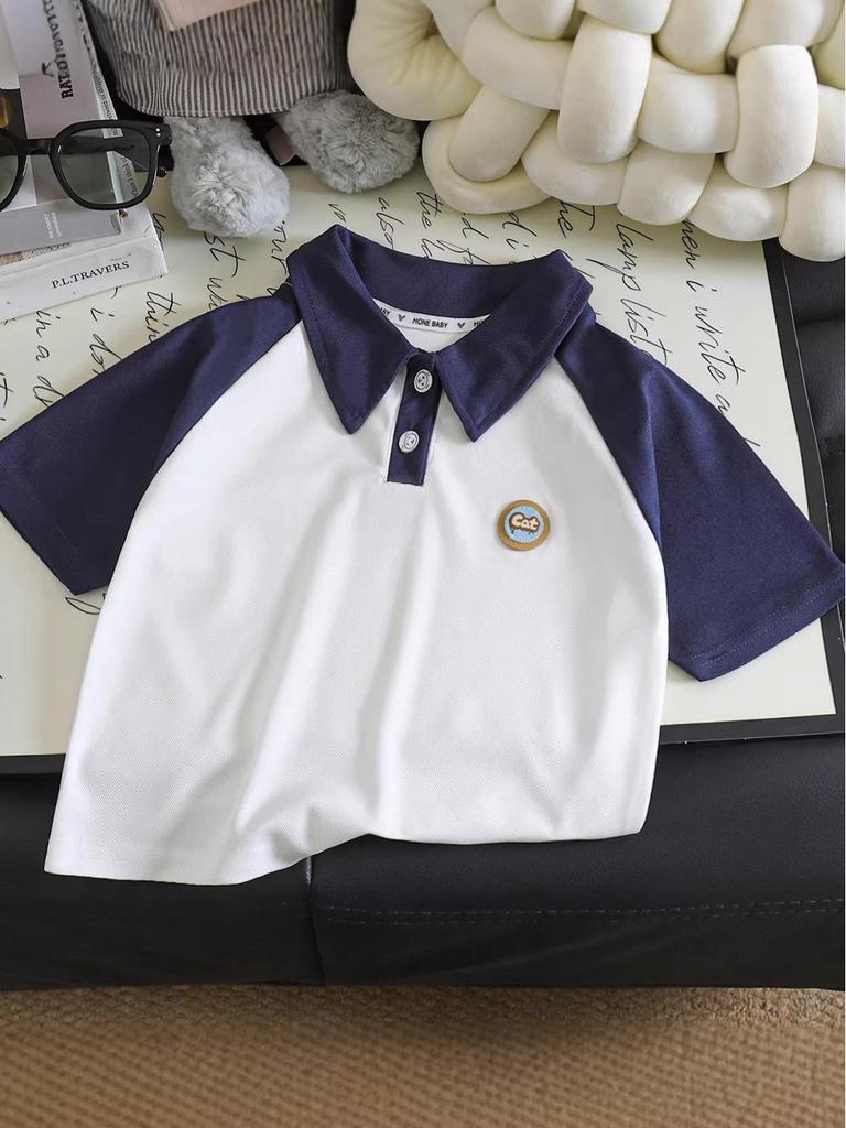 Children's Two-Tone Polo Collar Short Sleeve Sporty Summer Top