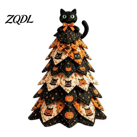 Artigianato da Cucito Fatto a Mano Kit Albero in Tessuto Trapuntato di Halloween, Gatto Strega Ragno Fai da Te Esposizioni Festive da Tavolo Progetto Artigianale Imbottito 3D per Quilting