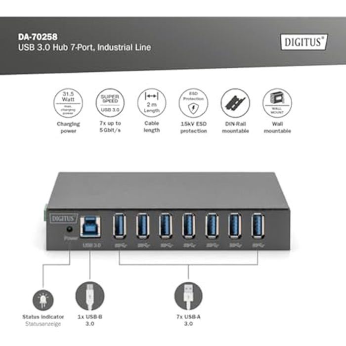 Hub usb industriel - digitus - 7 ports - usb 3.0 - protection esd 15 kv - montage sur rail din