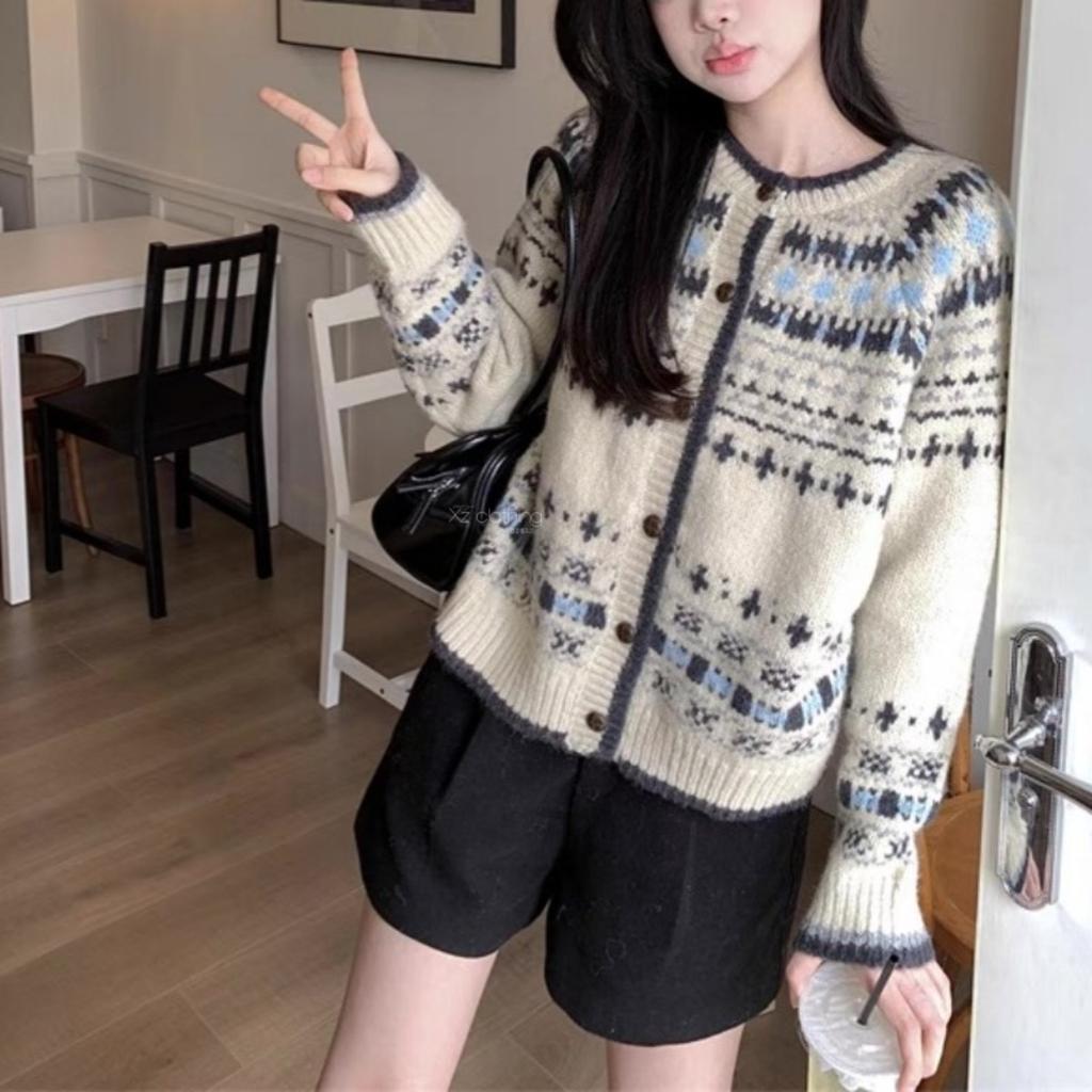 Korean Retro, Spring and Autumn New Style, Round Neck, Jacquard Contrasting Trade, Loose Casual Knitted Cardigan, Women's Sweater