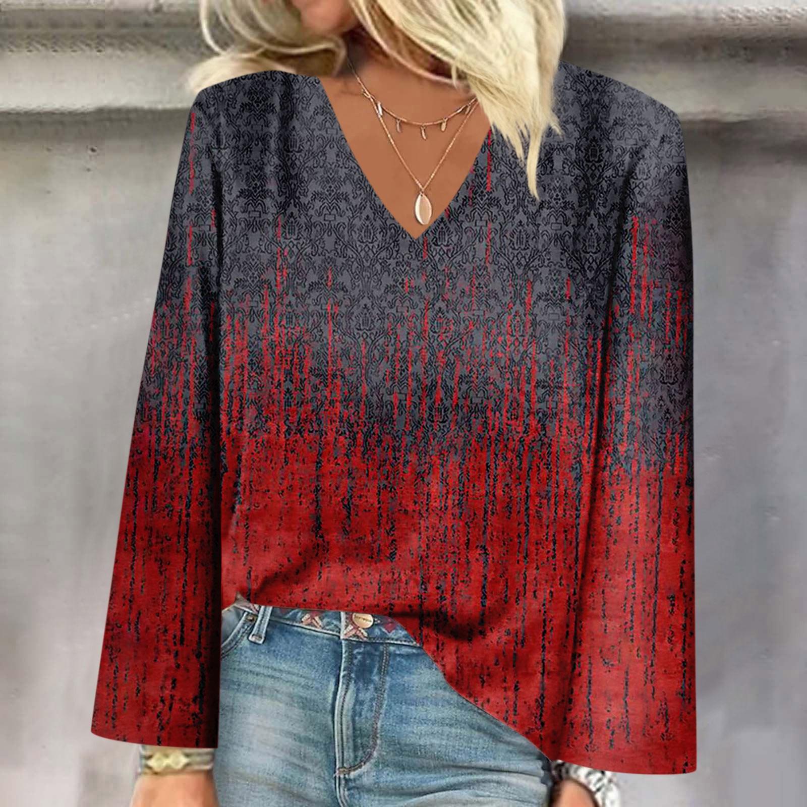 

Женская рубашка Блузка Повседневные свободные рубашки Длинные рукава V-образный вырез Топы с принтом Футболки Футболка M красный