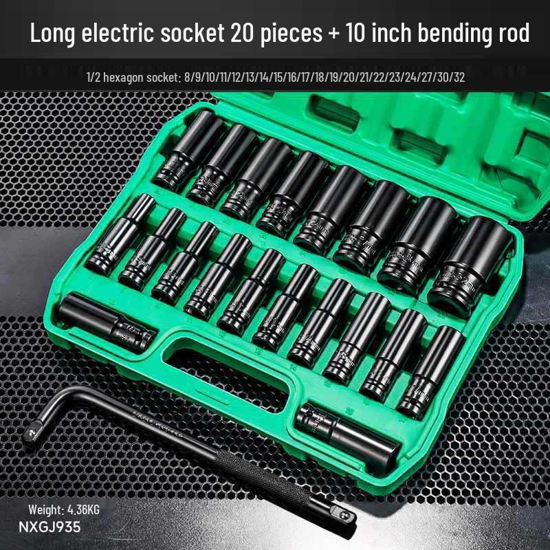 Extended Electric Socket Wrench Set with Large, Medium & Small Hexagonal Air Gun Heads for Auto Repair