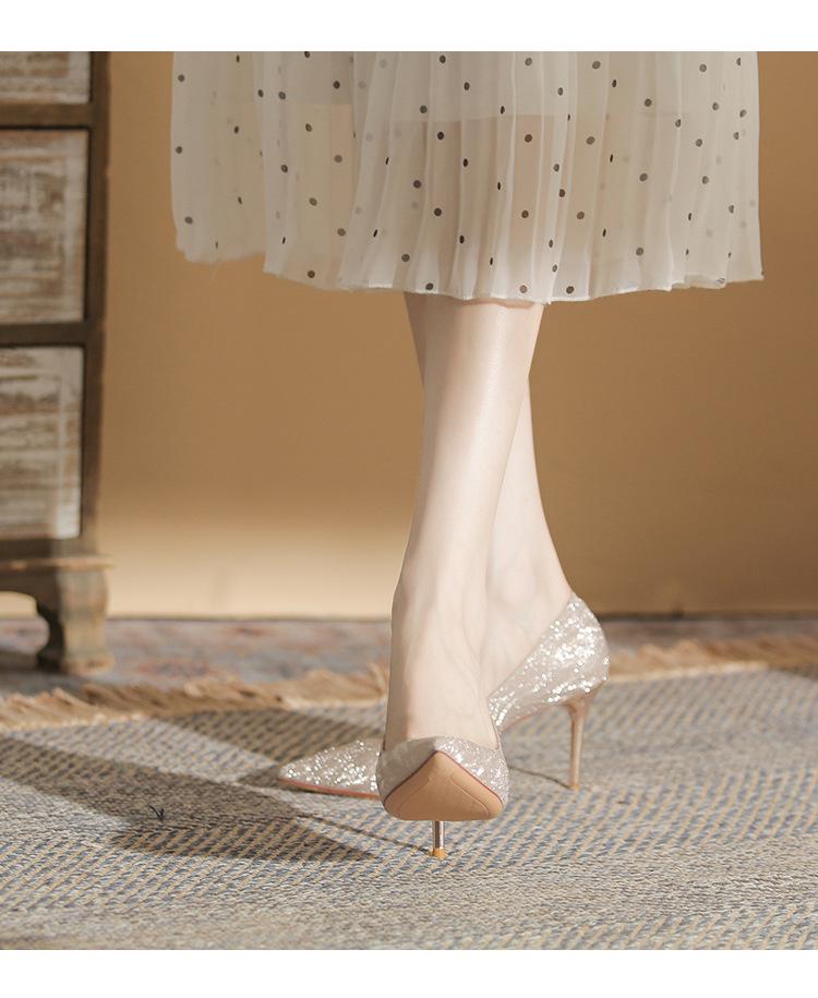 French Sequin High Heels: Xiuhe Wedding Dress Pointed Toe Flats for Women