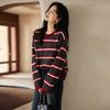 VICTORIA&VERA Women's Raccoon Velvet Wool Blend Striped Round Neck Long Sleeve Knitted Sweater