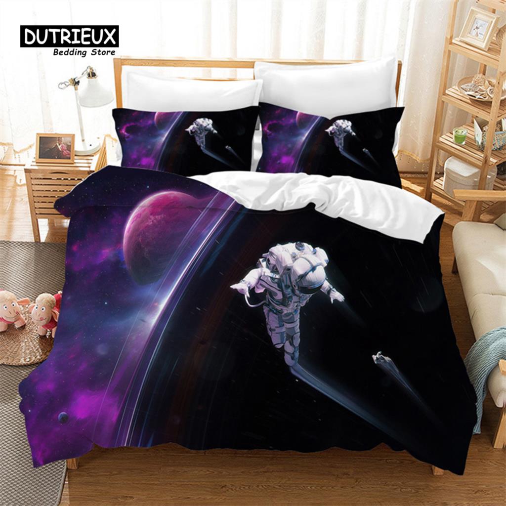 Cartoon Astronaut Duvet Cover King For Boys Girl Galaxy Space Bedding Set Microfiber Rocket Ship Space Adventure Comforter Cover