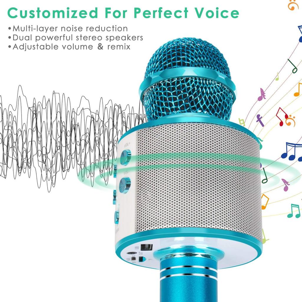 Wireless Bluetooth Karaoke Microphone for Kids, 5-in-1 Portable Handheld Karaoke Mic Speaker Player Recorder with Adjustable Remix FM Radio