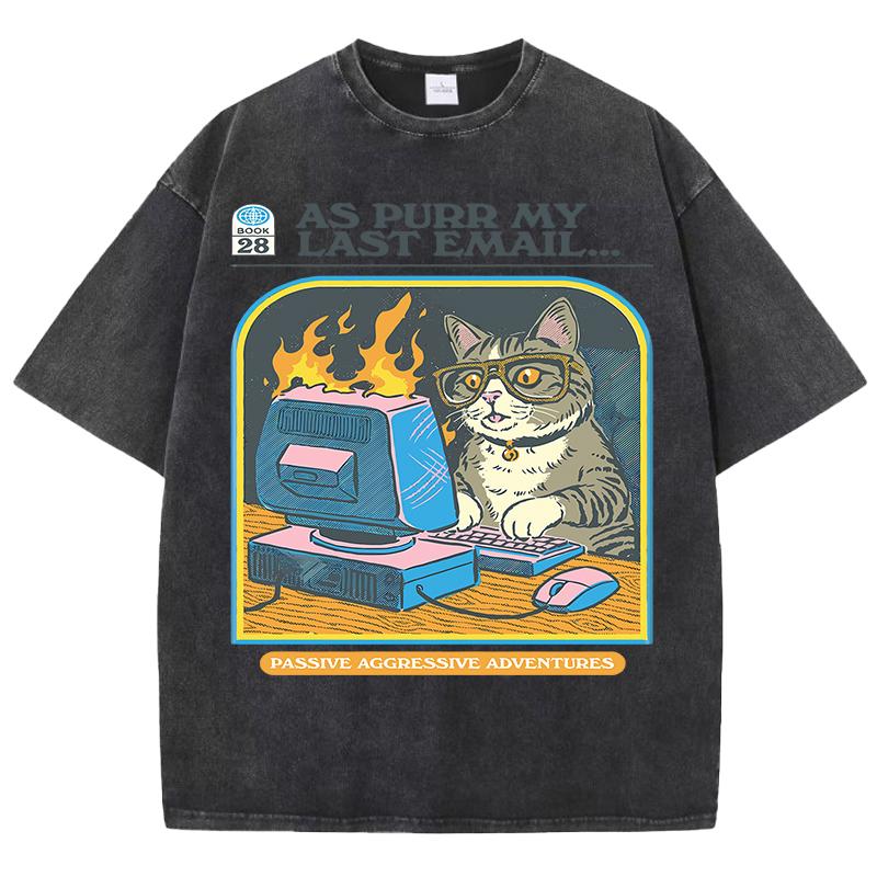 Cat Playing Computer GamesPrint Snow Wash T Shirt Man Unisex Washed Tees Casual Shortwear Soft Breathable Cotton Clothes