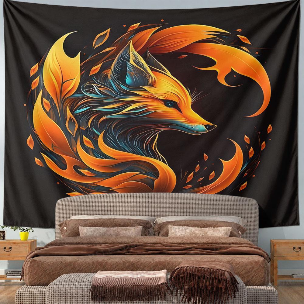 "Vibrant Fiery Fox with Abstract Leaves" Pattern Wall Hanging Tapestry Decorative Tapestry Home Decor for Bedroom and Living Room