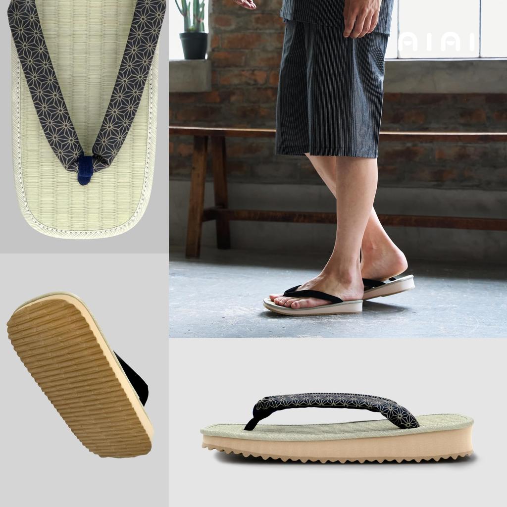 Sponge Tatami Indigo Dyed Black 5 Sizes Available in LL Hemp Leaf [Ai-Ai] Sandals, Sole, Straps, Pattern, Stripe/Hemp Leaf/Seigaiha Pattern, Straps,