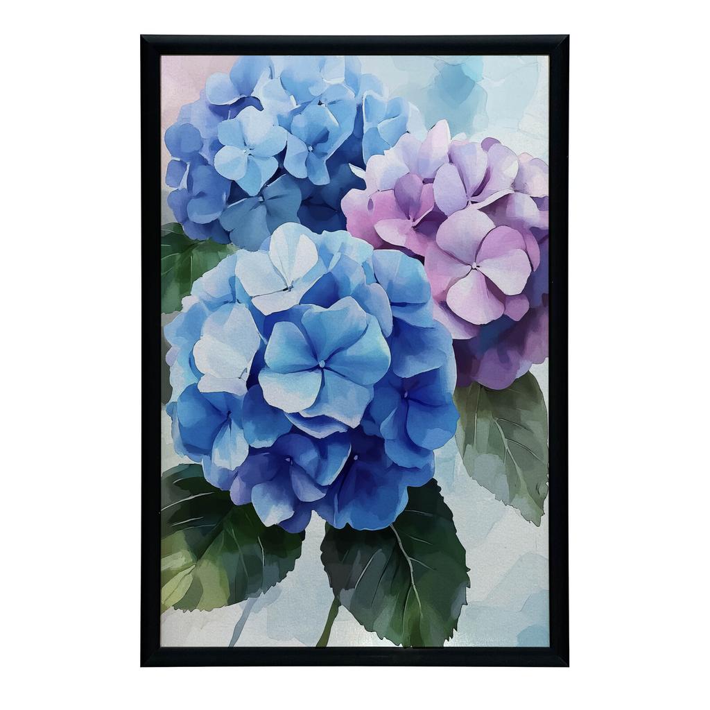 Hortensienblüten in Pastellfarben Hortensienblüten in Pastellfarben, 70X100 cm, Holzrahmen Dunkelbraun, Mattes Papier 230 g/m²