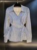 Women's Autumn 2025 Slimming Striped Long Sleeve Shirt with Irregular Waist-Cinching - Chic and Niche Style