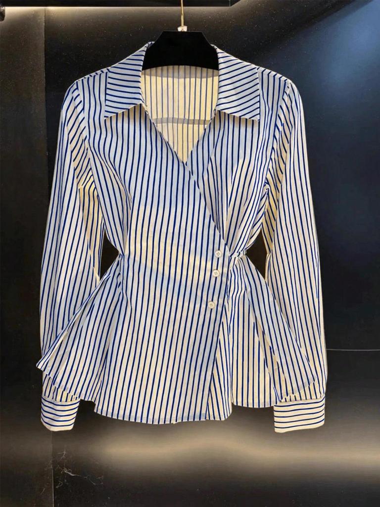 Women's Autumn 2025 Slimming Striped Long Sleeve Shirt with Irregular Waist-Cinching - Chic and Niche Style