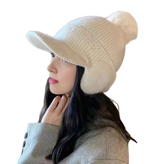 Knitting Hat Solid Color Plush Ball Decor Ear Protection Winter Hat Winter Thickened Warm Windproof Hat Headwear