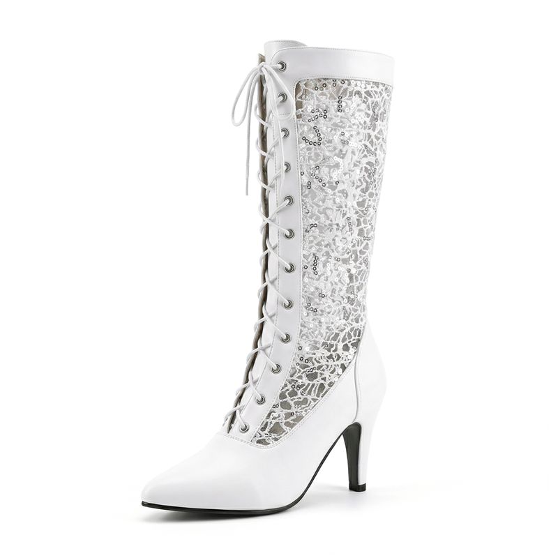 

Black Female Knee High Boots Pointed Toe 8.5cm Thin Heel Lace Up Breathable Mesh Plus Size 45 46 47 Sexy Daily Shoes 39 білий