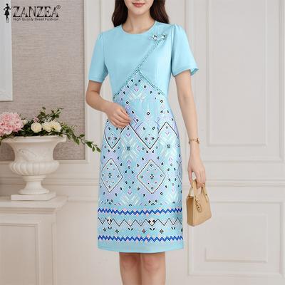 Robe fourreau patchwork imprimé à manches courtes et col rond décontractée pour femmes