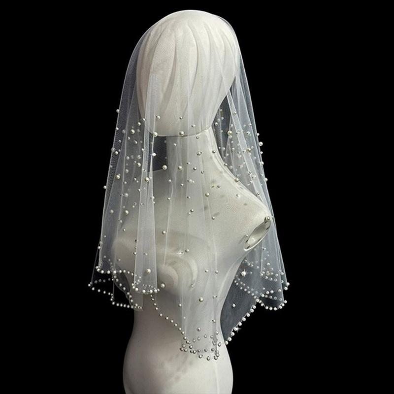 Wedding Veil Beaded Studded Pearls Encrusted Veil Bride Hair Accessoies Sheer