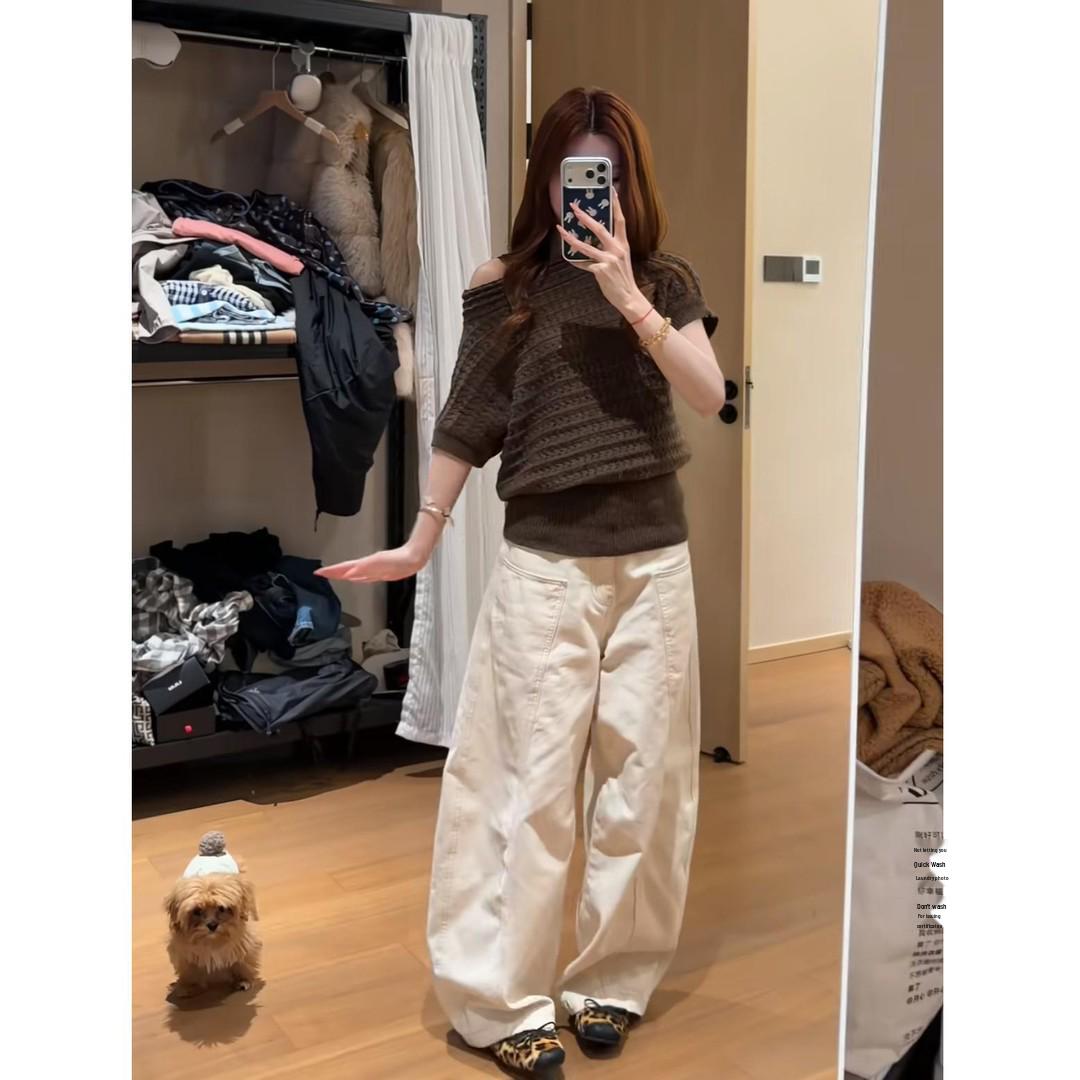 Korean-Style 2026 Women s Spring Outfit: One-Shoulder Knit Top & Casual Pants Set L
