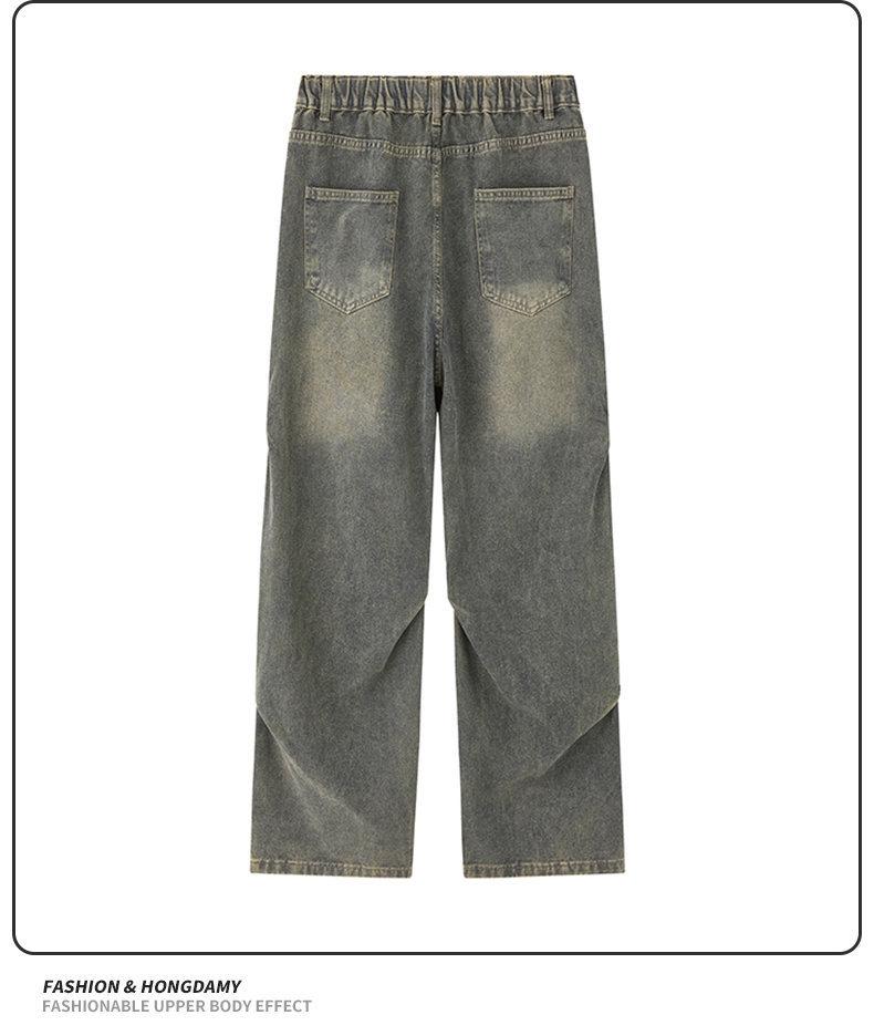 Yadu Unisex Retro Hong Kong Style Washed Denim Pants - Loose Straight Leg Casual Pants