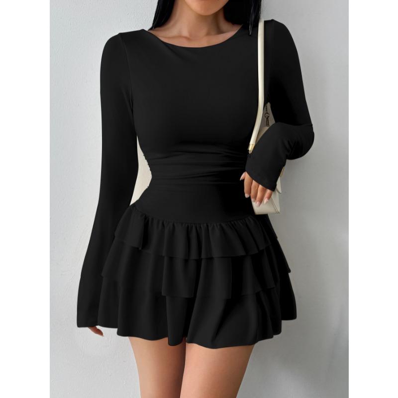 Elegantes Langarm Figurbetontes A-Linien-Stufenkleid mit Rüschen Neu Einfarbig Sexy Freizeit Party Abendkleider Damenmode Frühling Sommer Kleidung