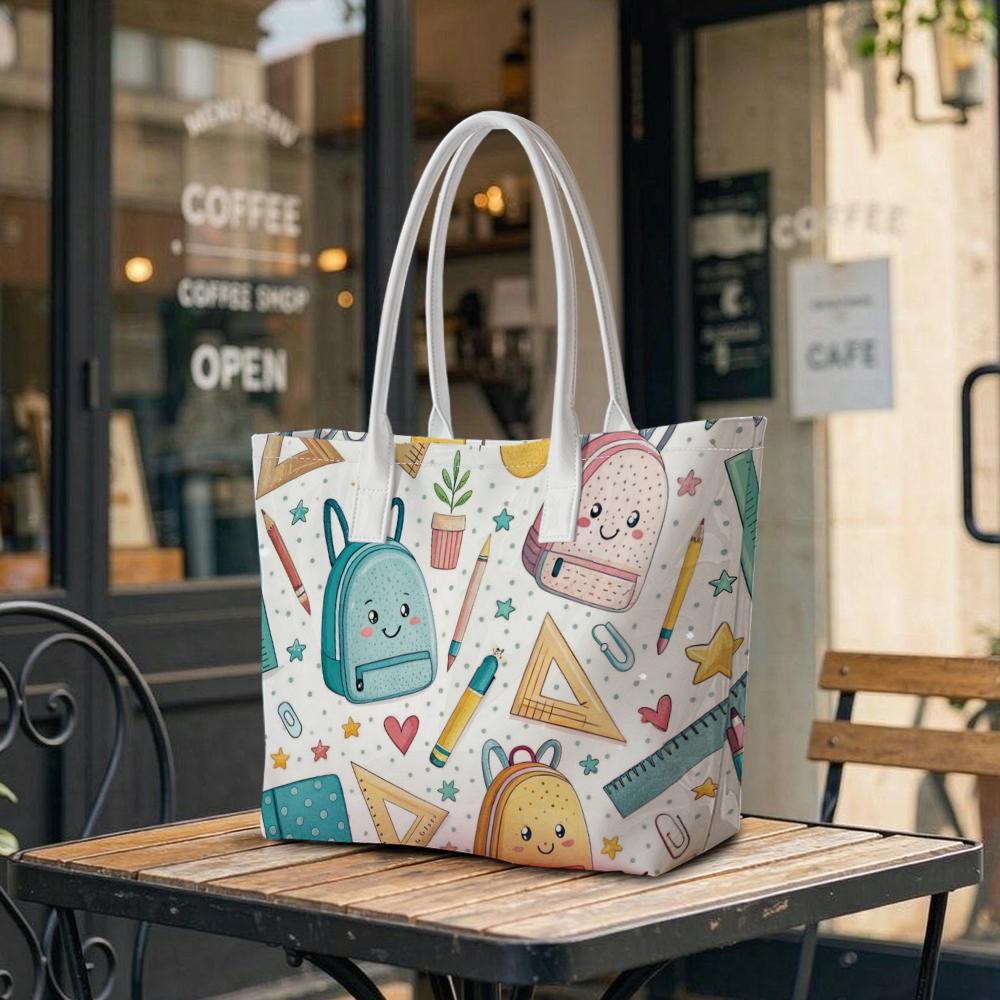 Cute Stationery Print Tote Bag Fashion Daily Shoulder Handbag for Shopping Travel Use