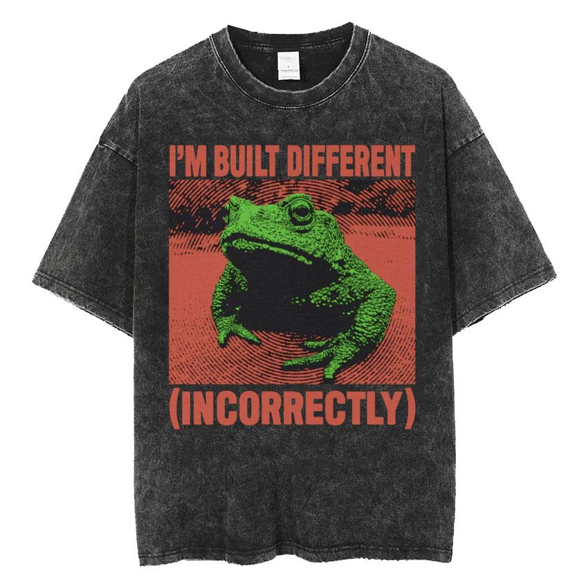 The Horrors Are Never Ending Yet I Remain Silly T-shirt Funny Japanese Style Frog Retro Washed T Shirt Men's Oversized Tees Tops