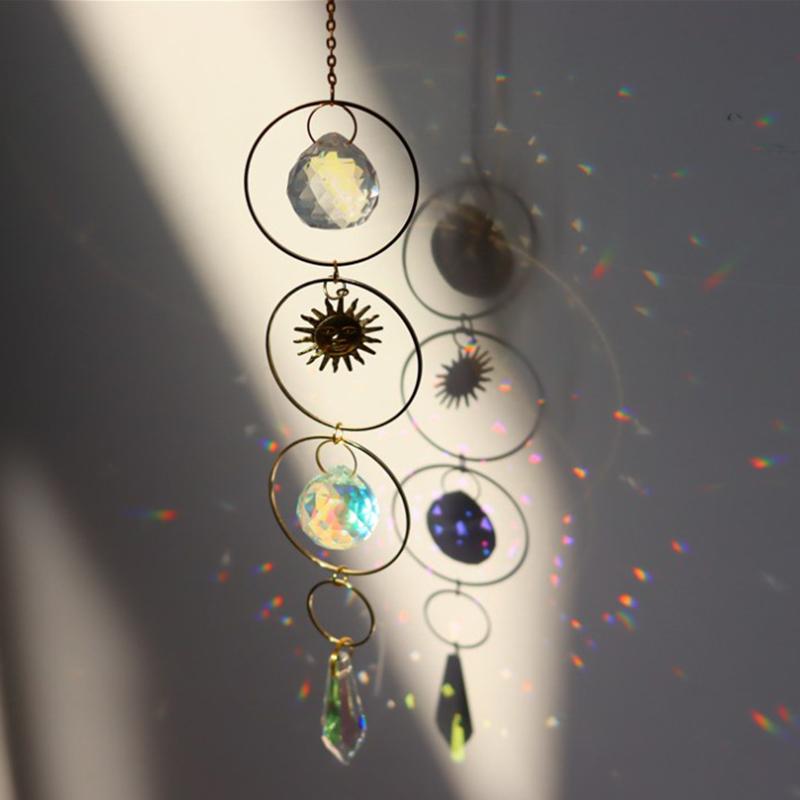 Wind Chime Suncatcher Star Moon, Colorful Beads Plated Hanging Pendant for Garden Decor