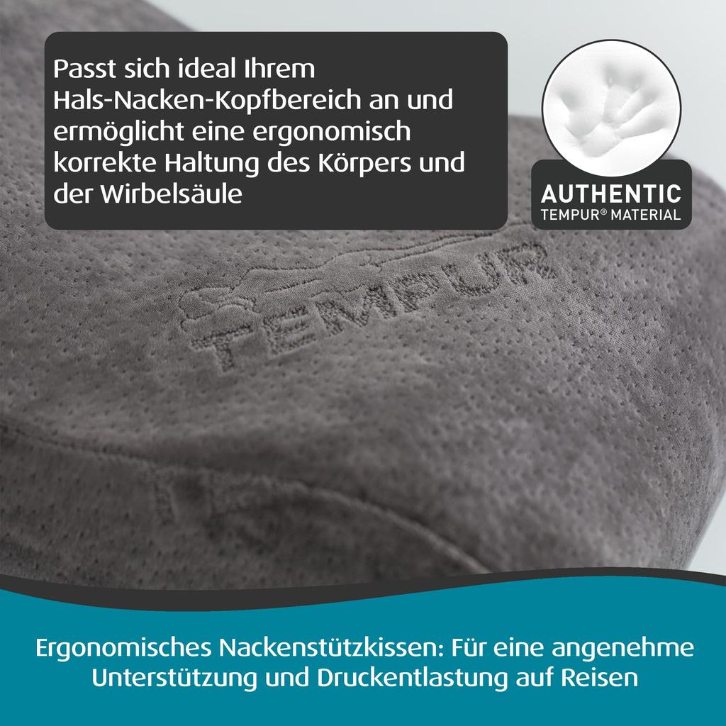 Tempur Travel Pillow with Dedicated Height (Portable Pillow) Pouch, Gray, 3-Year Manufacturer's Warranty, 10-7cm