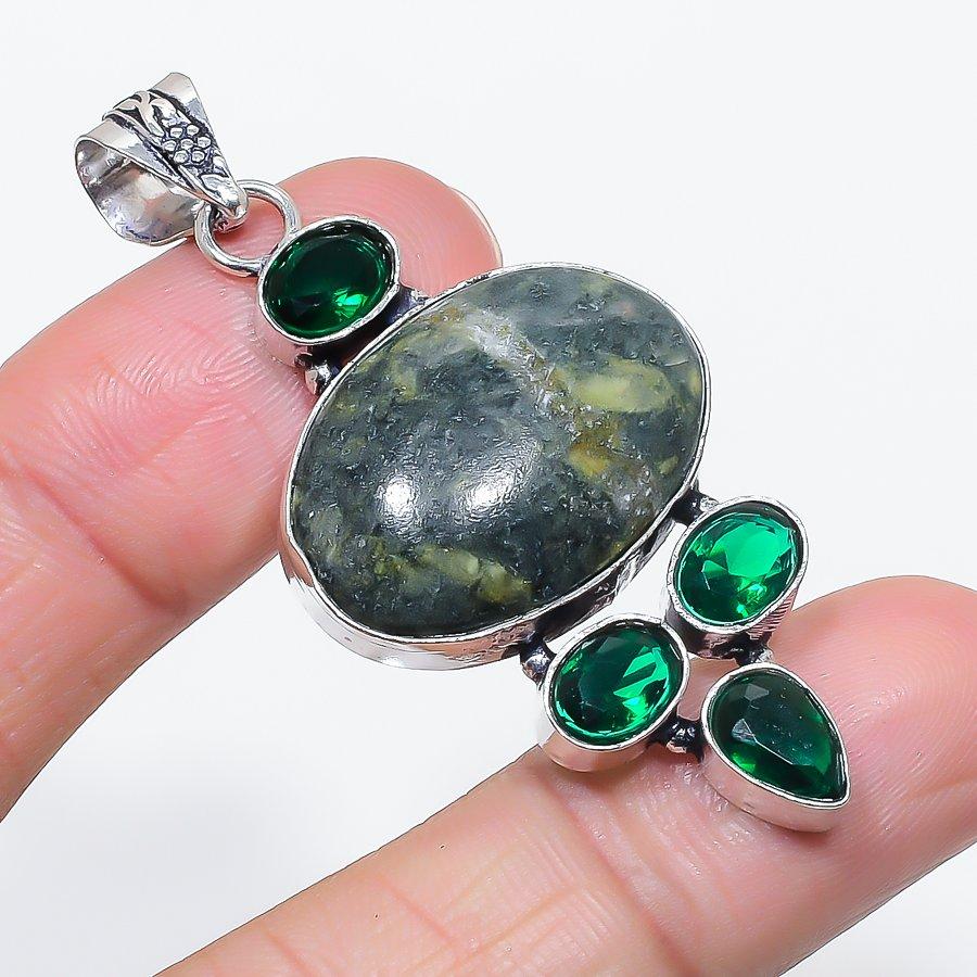 Natural Gogunjula, Diopside 925 Sterling Silver Jewelry Pendant 2.36" T0m01
