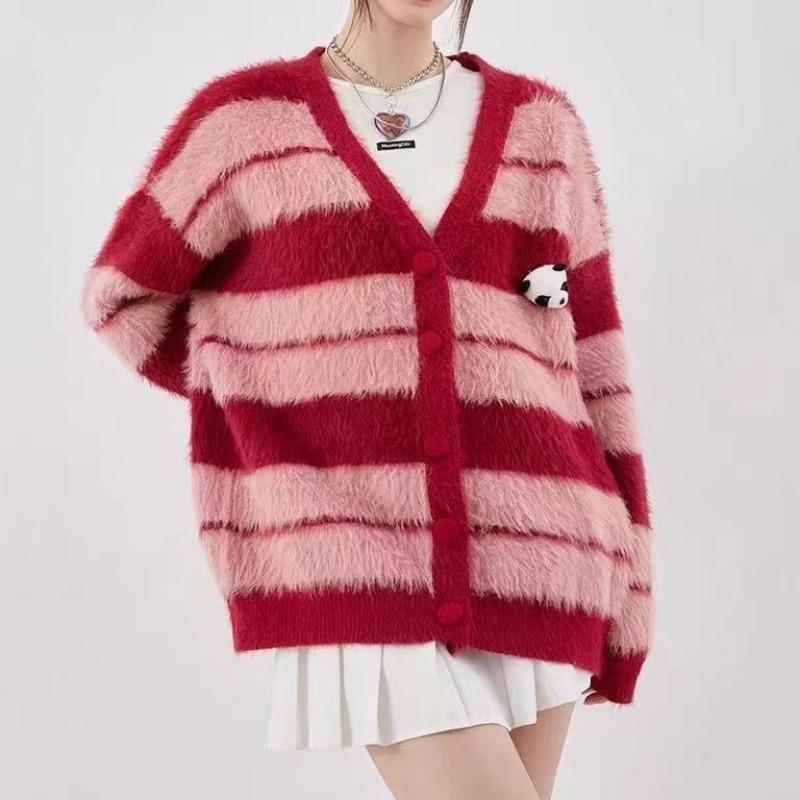 New Fashion Retro Striped Sweater Cardigan Female Niche Panda Doll Design Sense Couple Knitted Sweater