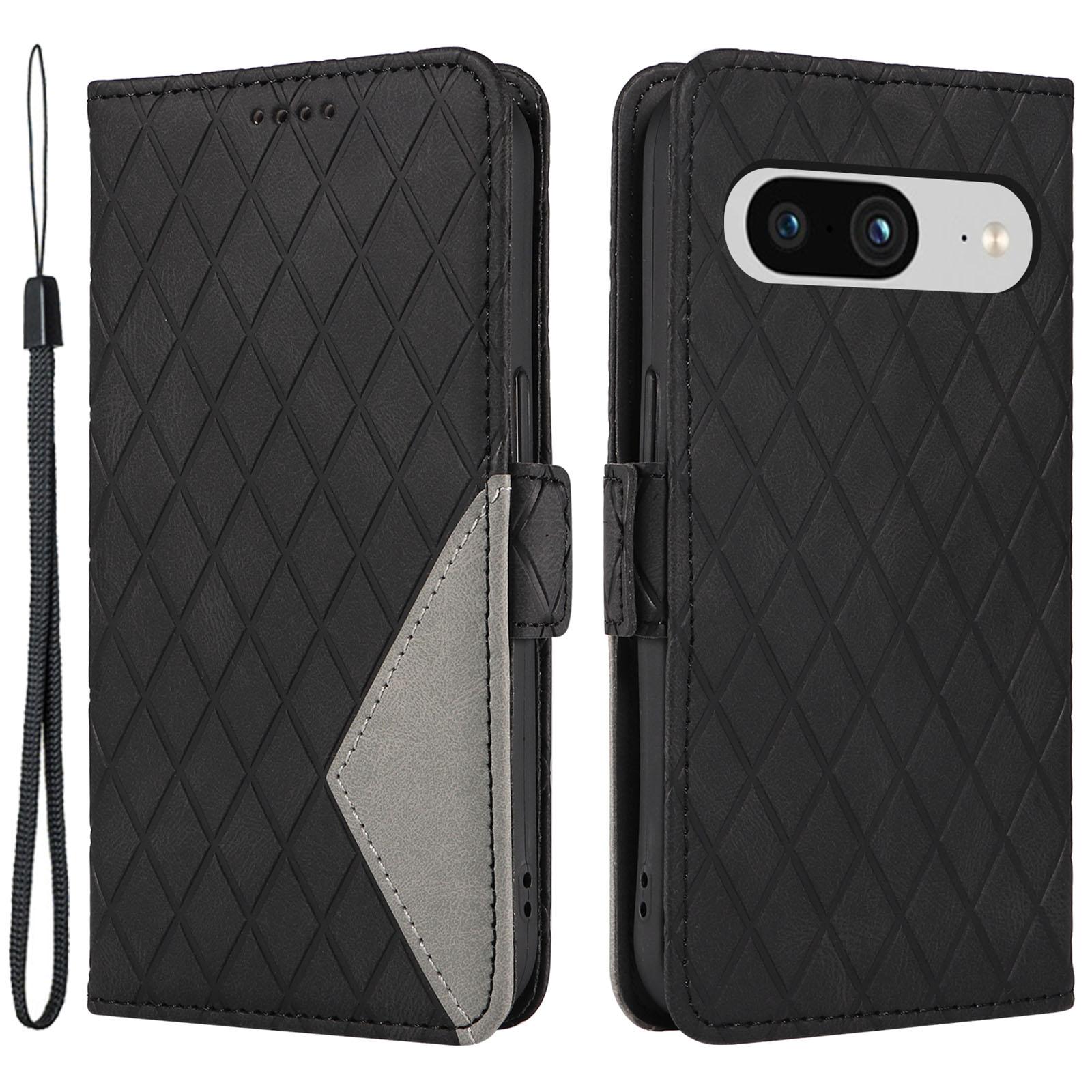 

For Google Pixel 8 Rhombus Imprinted Phone Wallet Case PU Leather Stand Phone Cover Black