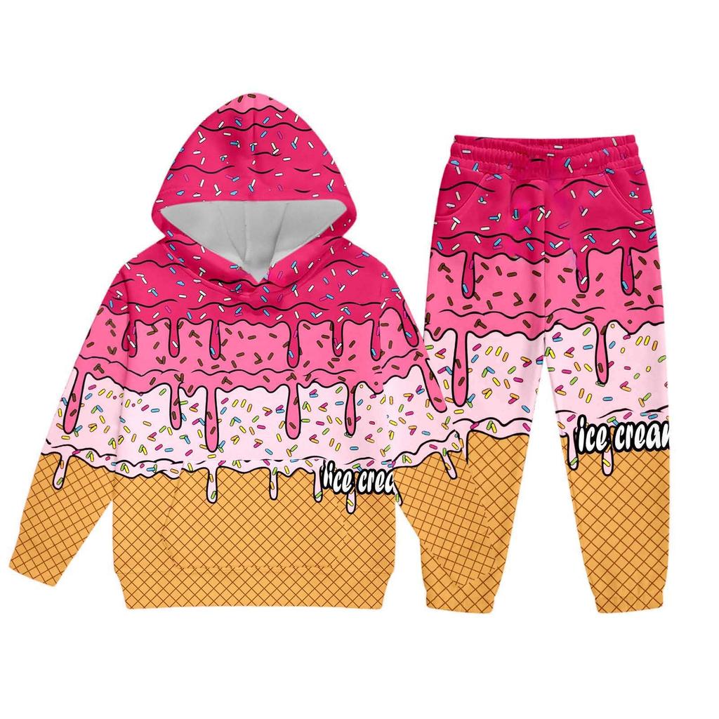 Children's Casual Printed Pullover Long-Sleeved Hooded Sweatshirt And Pants Set