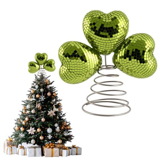Disco Ball Tree Topper 3-Leaf Clover Decoration with Heart Design And Mirror Tiles Retro Glitter Spring Decor for Tabletop