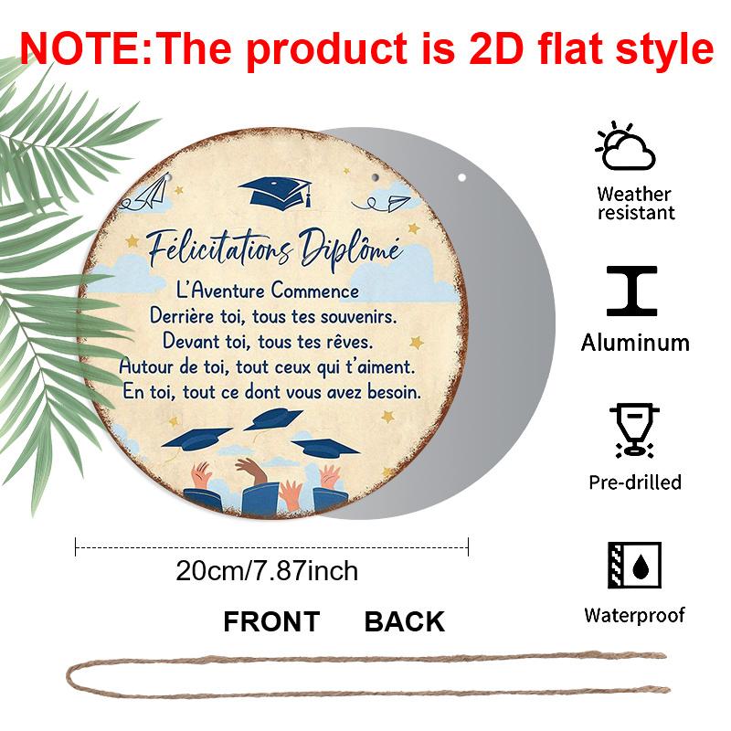 2D Flat, 1pc 2D Flat, 7.87*7.87-Inch Round French Aluminum Sign, Vintage "Congratulations on Graduation" Decorative Plaque for Home, Office, Cafe