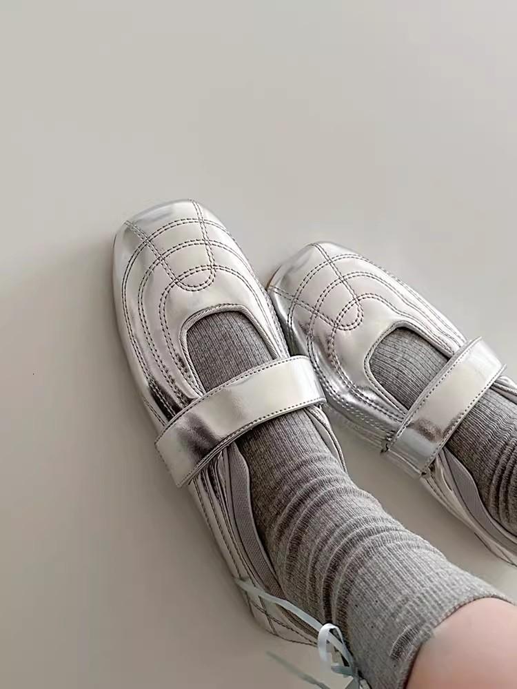 Cowhide Version~ Silver Light Mouth Mary Jane Shoes Women's 2025 New Versatile Casual Commuter Shoes Simple Retro Single Shoes