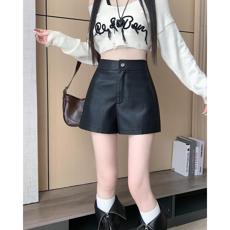 

Women s High-Waisted PU Leather Shorts 2025: Slimming, Wide-Leg, Casual Korean Style for Spring & Autumn XS чорний