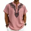 Men’s Lightweight V Neck Short Sleeve Loose Fit Shirt with Linen Texture and Pattern for Casual Comfort Wear