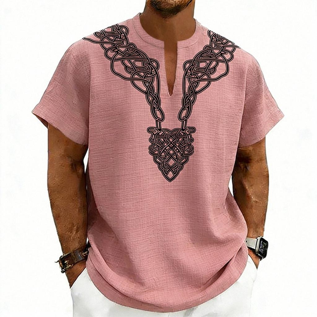 Men’s Lightweight V Neck Short Sleeve Loose Fit Shirt with Linen Texture and Pattern for Casual Comfort Wear