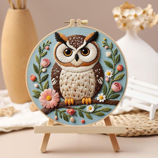 1 Set Owl Embroidery Kit with Hoop Threads Needles Beginners Pre-Stamped Bird Cross Stitch