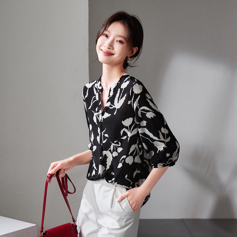 SOFSIL Women s 100% Silk Floral V-Neck Short Sleeve Shirt L