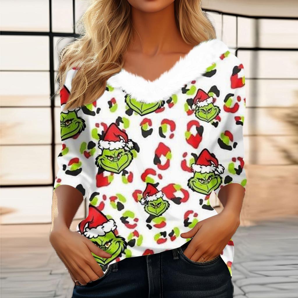 Women's T Shirt Tee Christmas Shirt Long Sleeve Party Christmas Fleece Collar V Neck Top