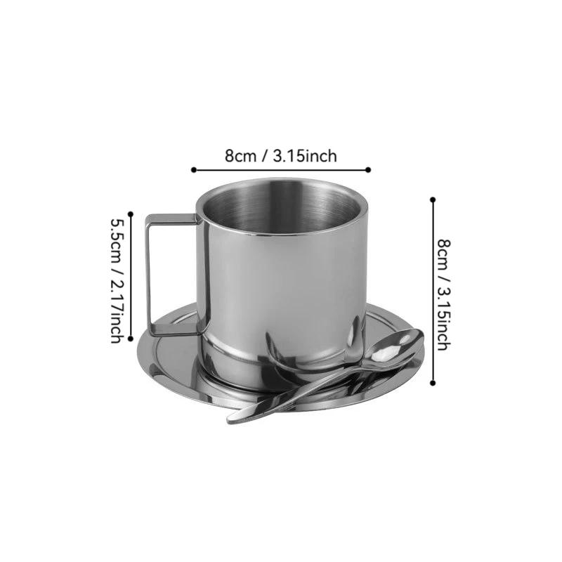3Pcs/Set 304 Stainless Steel Insulated Coffee Cup Double Wall Tea Milk Mug with Saucer Spoon Cafe Restaurant Hotel Tableware